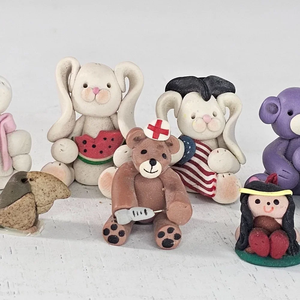 Polymer Clay Animal Miniature Figurine Lot Rabbit Dog Bear Bird Cat